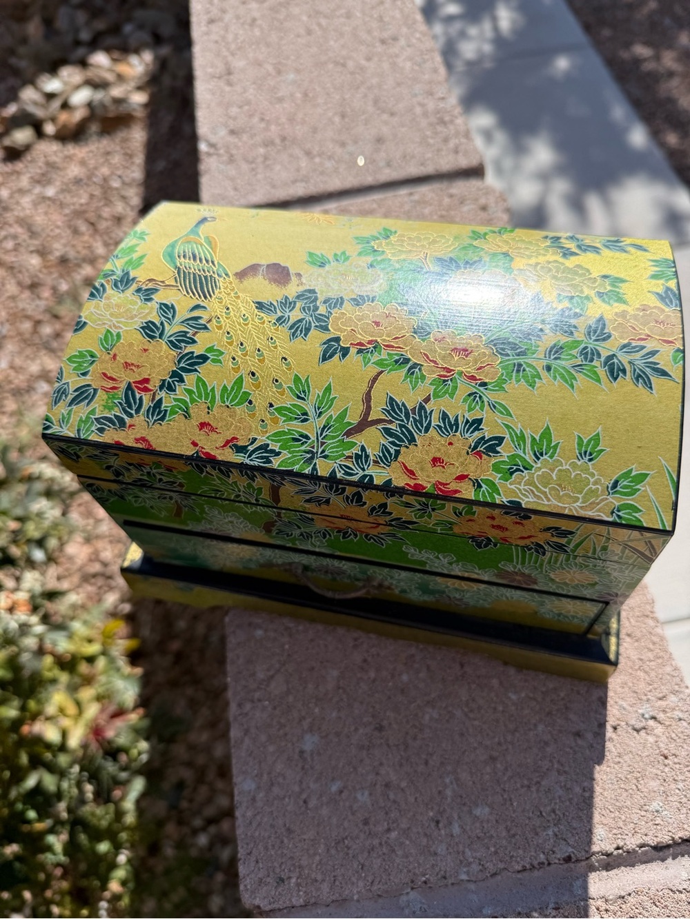 Vintage Washi Art Peacock Decorative Jewelry Box Dome Top Japanese Style Trunk